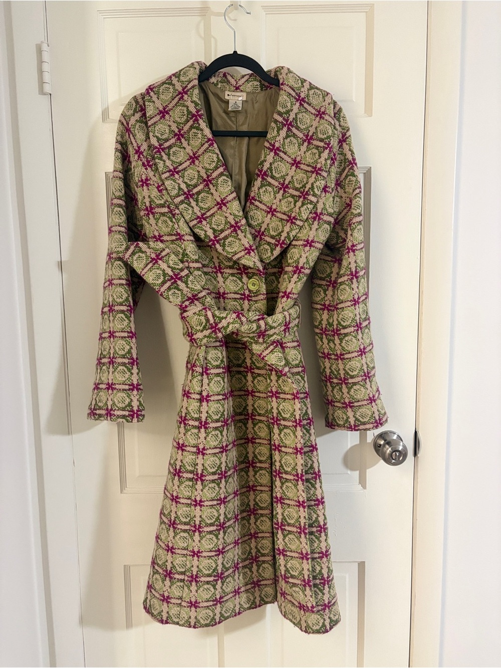 Anthropologie Elevenses Uncommon Journey Wool Belted Coat Green Plaid Size 8 Y2K